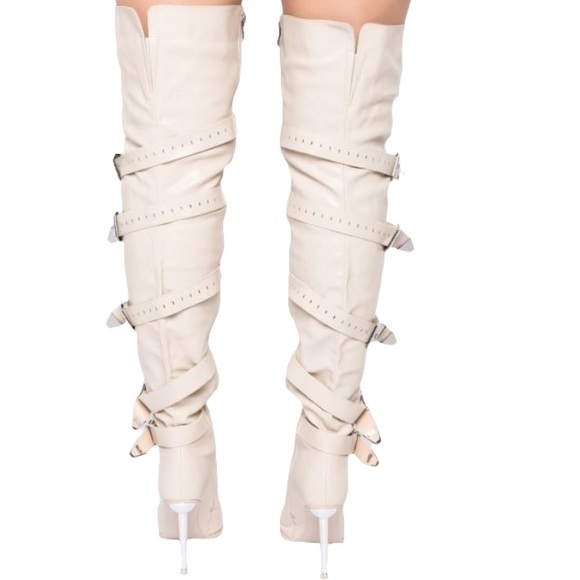 Dolls Kill Bone Vegan Leather Tall Slouchy Knee High Stiletto Heel Boots - Picture 3 of 4